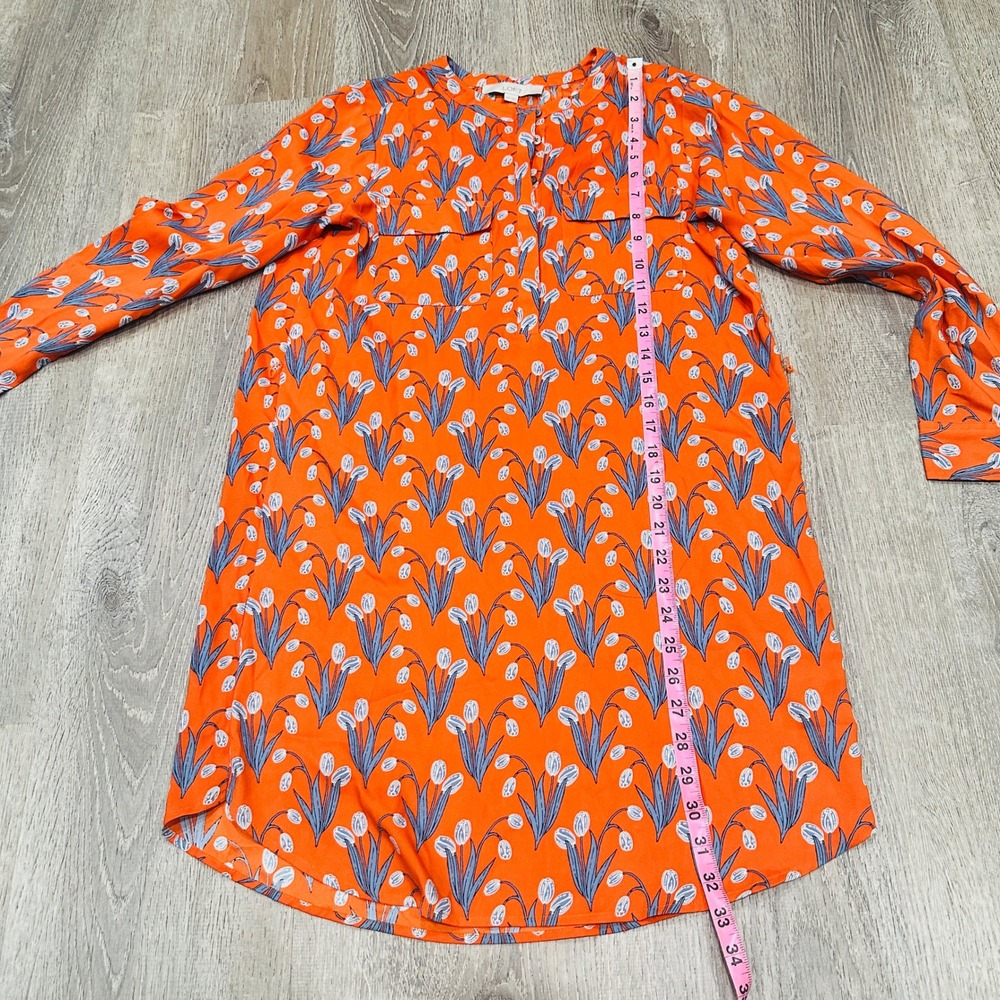 Loft Dress Petites XS Orange Floral Tulip Shirt Dress Long Sleeve Tie Waist XSP - Picture 6 of 16